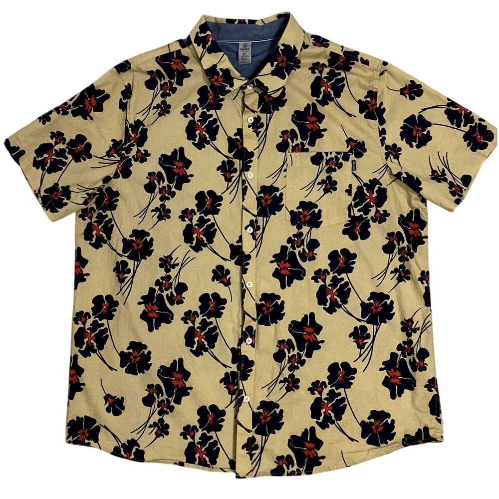 Hurley Hawaiian Shirt Mens XXL Yellow Floral All Around Print‎ Y2K Beach Party